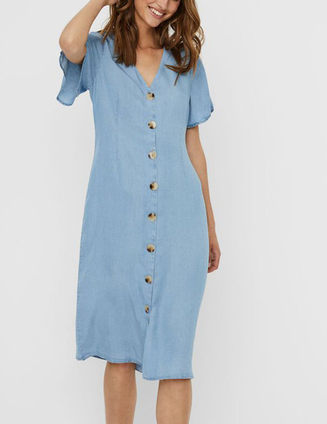 Gallery vestido azul vero moda viviana largo manga corta con botones en el frente para mujer  4 