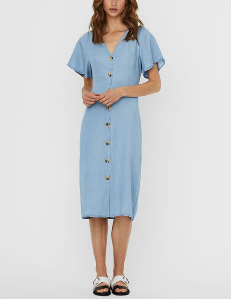 Gallery vestido azul vero moda viviana largo manga corta con botones en el frente para mujer  1 